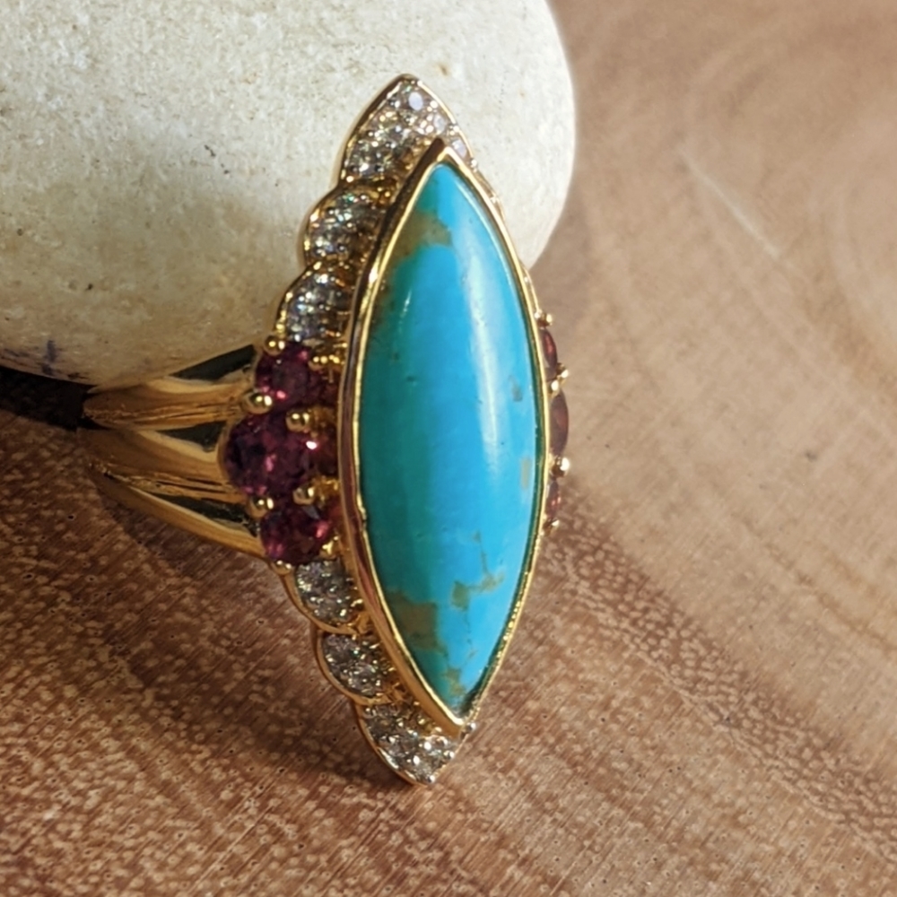 Turquoise and Garnet Ring in Gold